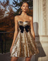 Sparkly Strapless A Line Gold Homecoming Dress with Bow