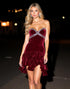 Strapless Burgundy Velvet Ruffled Homecoming Dress