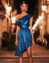 Metallic Pleated Dark Blue One Shoulder Homecoming Dress