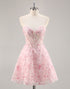 Floral Corset Strapless Pink Homecoming Dress with Appliques