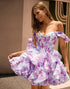 Off The Shoulder Printed Ruffle Corset A-Line Purple Homecoming Dress