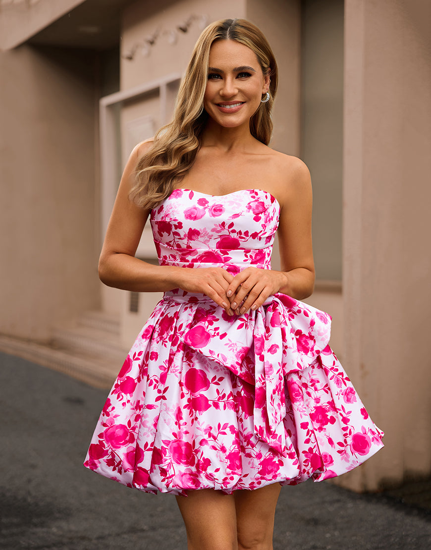 Dressself Women Fuchsia A-Line Homecoming Dress Strapless Floral Short Party Dress with Bow Dressself Women Fuchsia A-Line Homecoming Dress Strapless Floral Short Party Dress with Bow