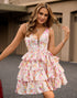 Pink Flower Ruffle V-Neck A-Line Tiered Homecoming Dress