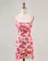 Red Flower Bodycon Spaghetti Straps Printed Mini Homecoming Dress