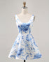 White Blue Flower Printed A Line Short Homecoming Dress