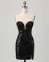 Black Bodycon Strapless Sequins Homecoming Dress with Slit