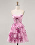 Pink Floral A Line Corset Strapless Tiered Homecoming Dress with Lace Up Back