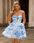 Floral White Blue Keyhole Strapless A-Line Homecoming Dress