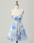White Blue Floral A Line Strapless Corset Homecoming Dress