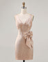 Champagne Bodycon Satin Short Homecoming Dress with Bow
