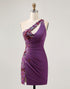 Dark Purple One Shoulder Sequins Ruched Homecoming Dress