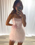 Sparkly Strapless Pink Tight Short Homecoming Dress with Feathers