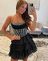 Sparkly Black Corset A Line Ruffled Mini Homecoming Dress with Beading