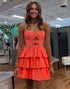 Sparkly Orange Cut Out A Line Tiered Short Satin Homecoming Dress with Beading