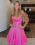 Sparkly Fuchsia Strapless Satin Beaded Short Homecoming Dress with Basque Waist
