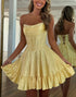 Sparkly Yellow Strapless Satin Mini Homecoming Dress with Basque Waist
