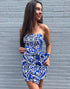 Blue Floral Strapless Tight Homecoming Dress with Bow