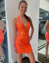 Halter Orange Sequins Tight Short Homecoming Dress