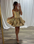 Off the Shoulder Yellow Floral A Line Ruffled Corset Mini Homecoming Dress