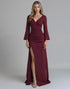 Dark Red V Neck Satin Mermaid Evening Dress with Slit