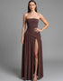 Coffee Strapless A Line Cotton Ruched Evening Dress with Slit