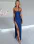 Spaghetti Straps Sheath Royal Blue Satin Evening Dress with Slit