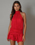 High Neck A-Line Red Pleated Cocktail Dress