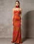 Sheath Cabernet Strapless Printed Maxi Evening Dress With Sash