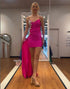 Fuchsia Sweetheart Ruched Short Satin Homecoming Dress with Side Cape