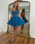 Sparkly Blue A Line Ruffled Corset Short Homecoming Dress with Appliques