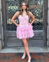Pink Floral Spaghetti Straps A Line Ruffled Corset Homecoming Dress
