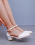 White Floral Embroidered Ankle Strap Block Heel Wedding Shoes