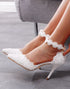 White Single-Ankle-Strap Pointed-Toe Wedding Heels