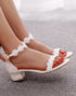 White Lace Block Heel Wedding Shoes with Pearls