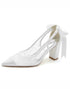 White Mesh Pointed Toe Block Heel Wedding Shoes with Bow