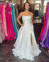 White Strapless A Line Prom Dress with Slit