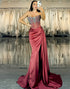Mermaid Strapless Corset Ruched Burgundy Prom Dress with Streamer