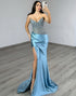 Blue Strapless Mermaid Corset Satin Prom Dress with Slit