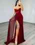 Burgundy Strapless Mermaid Ruched Prom Dress with Slit