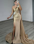Golden One Shoulder Mermaid Ruched Satin Prom Dress