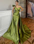One Shoulder Ruched Satin Green Prom Dress with Cape