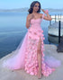 Pink Sheath Strapless Prom Dress with 3D Flowers