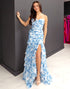 White Blue Floral Sheath Tiered Strapless Prom Dress