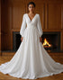 White Long Sleeve Ruched A Line Wedding Dress with Sash