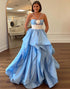 Blue White Dot Ruffled A Line Spaghetti Straps Prom Dress