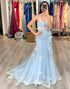 Mermaid Spaghetti Straps Appliqued Blue Prom Dress
