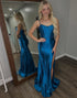 Mermaid Dark Blue Corset Satin Prom Dress with Slit