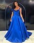 Royal Blue A Line Bowed Prom Dress with Rhinestones
