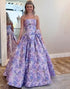 Purple Floral Strapless A Line Bowed Prom Dress