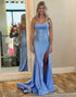 Glitter Corset Mermaid Blue Strapless Prom Dress with Slit
